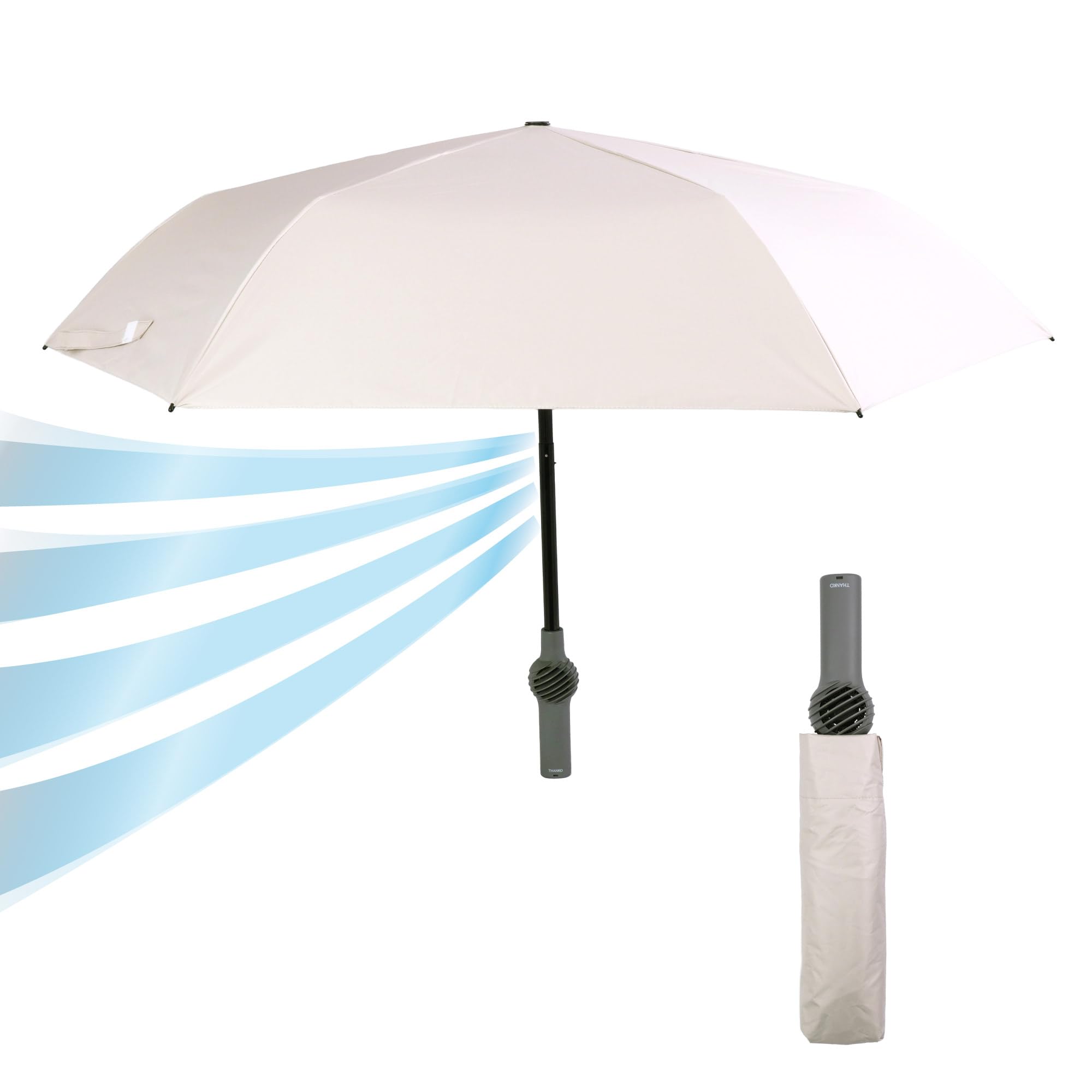 THANKO Fanbrella POLE PLUS TKFP26SJU Foldable Sun and Rain Umbrella with UV USB Rechargeable Fan, Protection, Lightweight, бежевый