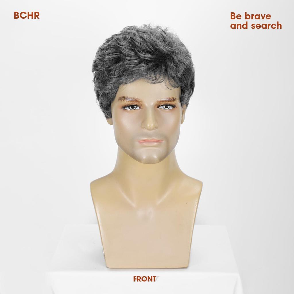 Men's Fashion Business Wig, Black-Grey Curly High-Temperature Fiber Hairpiece