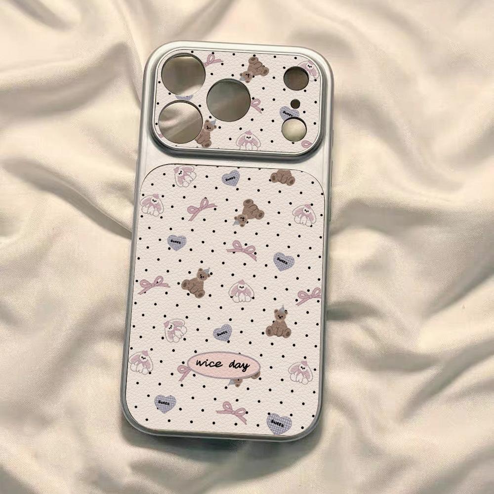 Ins Polka Dot Apricot Bear Is Suitable for Apple 17 Mobile Phone Case iPhone15promax All-inclusive 16 Leather Pattern Anti-drop.