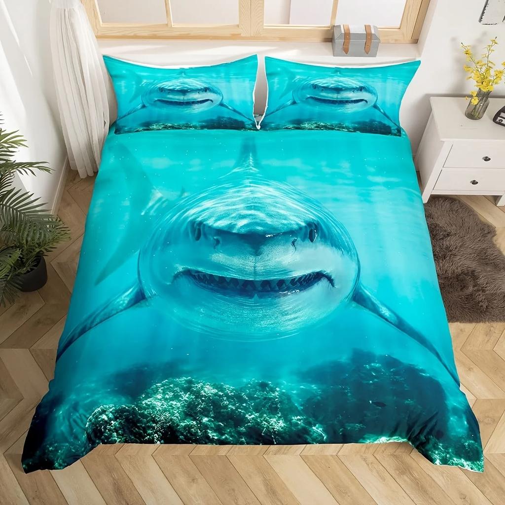 Ensemble de literie 3 pièces Requin 3D Vibrant - Housse de couette douce, inspirée de l'océan avec imprimé poisson requin, respirante, hypoallergénique, sans garnissage