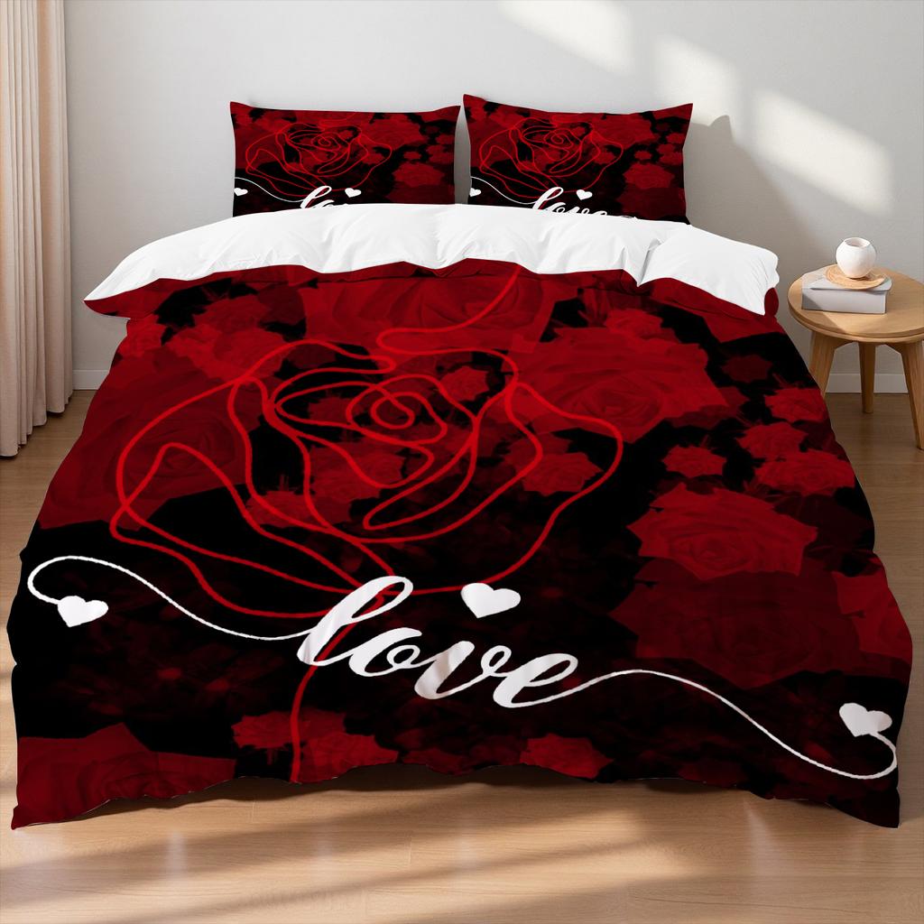 3pcs Valentine'S Day Romantic Rose Love Letter Pattern Duvets Cover Set,valentines Day Heart Shape, Marble Pattern Funy Decor