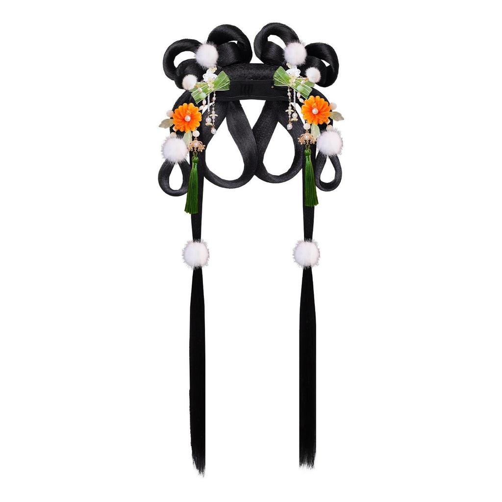Ancient Hanfu Wig Accessory Set: Sweet Hair Bun with Tassel Flower Headdress for Women