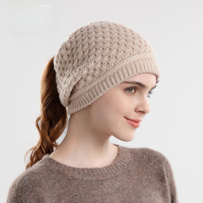 Autumn and Winter Warm Ear Protection Pullover Hat Women's Hat Ponytail Hole Knitted Hat European and American Wool Hat Tide