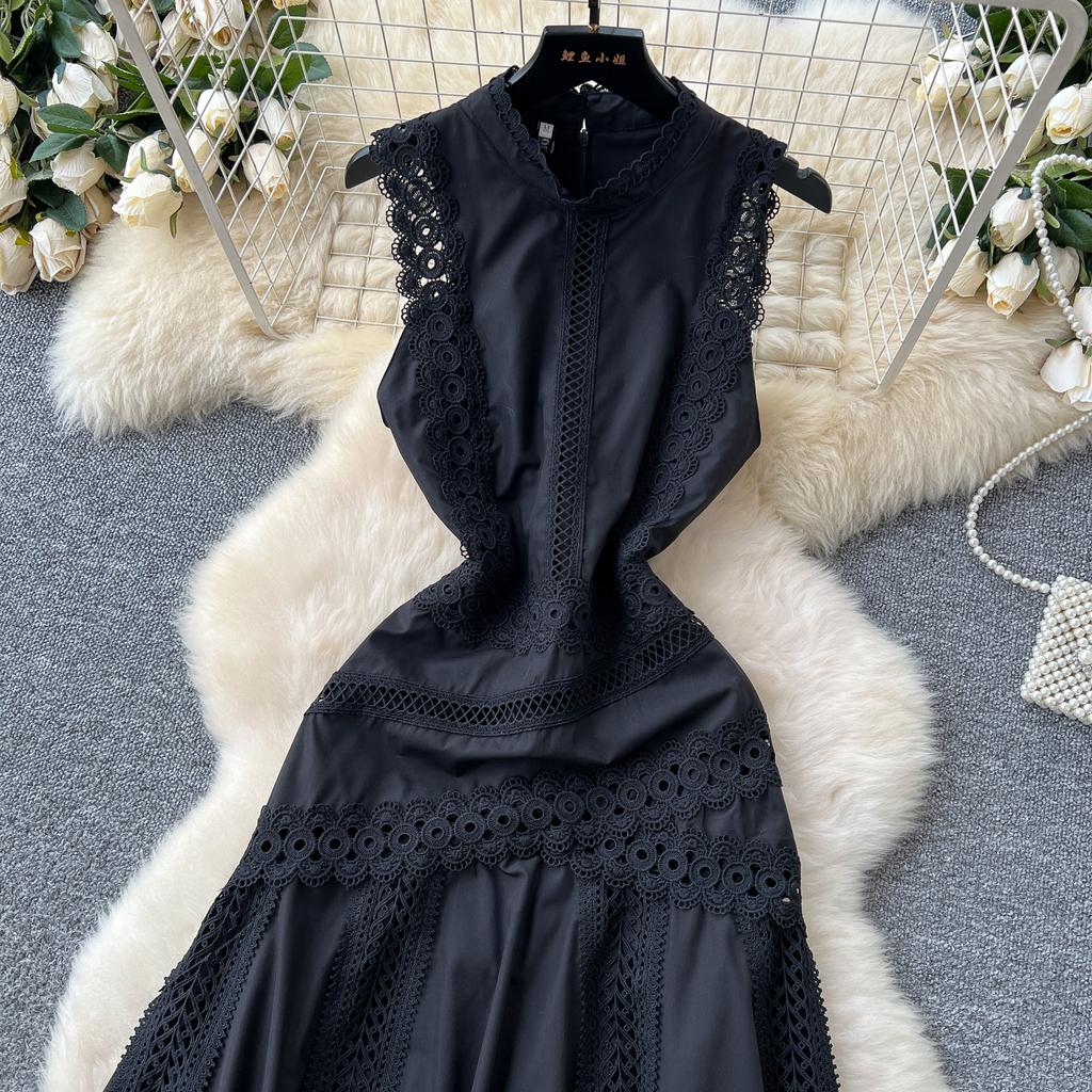 Summer Women Elegant Sleeveless Hollow Out Embroidery Lace Patchwork Long Maxi Slim Party Dresses