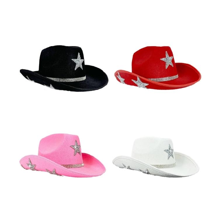 Sequined Star Glittering Top Hat Large Brim Fedoras Hat for Stage Performances