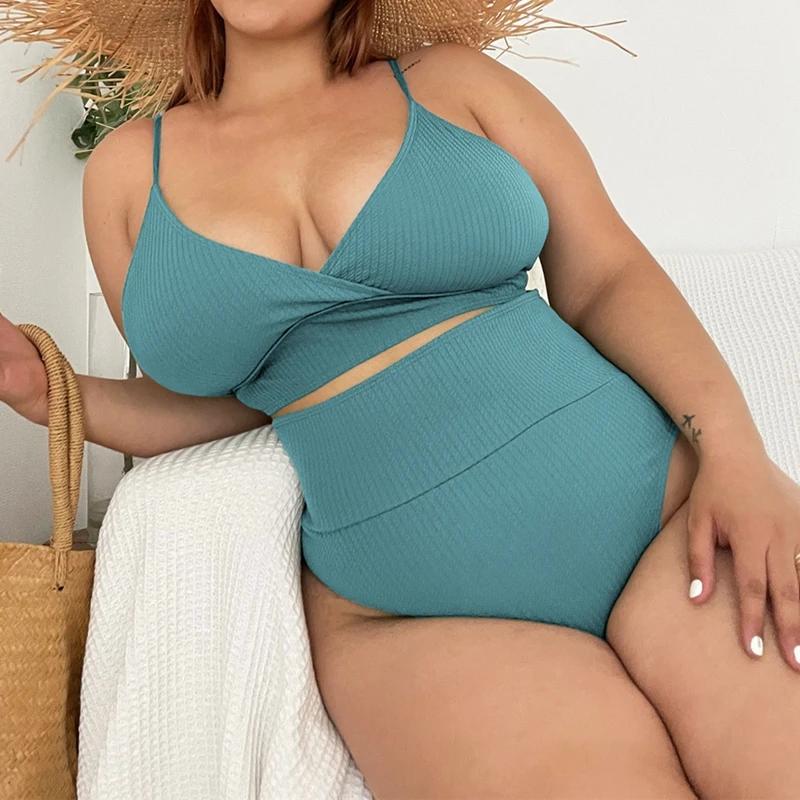 Große Größe 4XL Frauen Low-cut Bikini Set 2024 Neue Frau Badeanzug Backless Strukturierte Bademode Hohe Taille Push-Up Bademode tankinis
