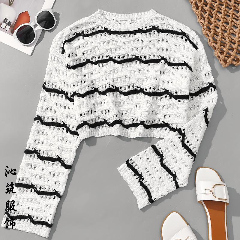 

Женская пляжная накидка с волнообразным узором 2025: Топ с круглым вырезом и длинными рукавами с ажурным дизайном для защиты от солнца. Extra Large белый