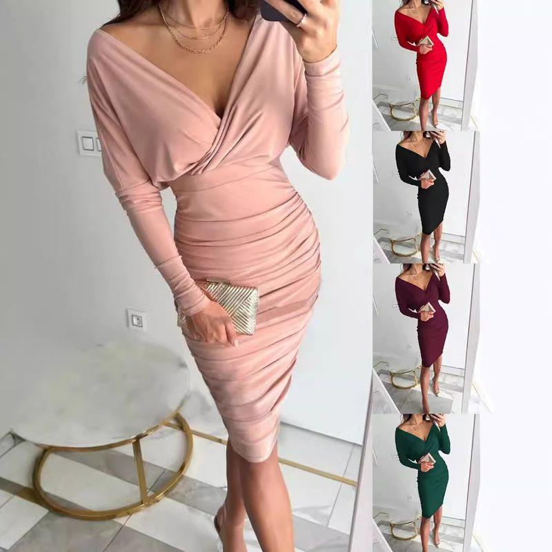 

2025 Long Sleeved V-neck Sexy Waist and Hip Cinching Dress Black M