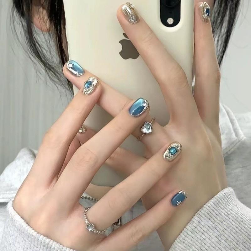 Nail Patch Handmade Blue Cat Eye Short Nails Fashion Temperament Everything