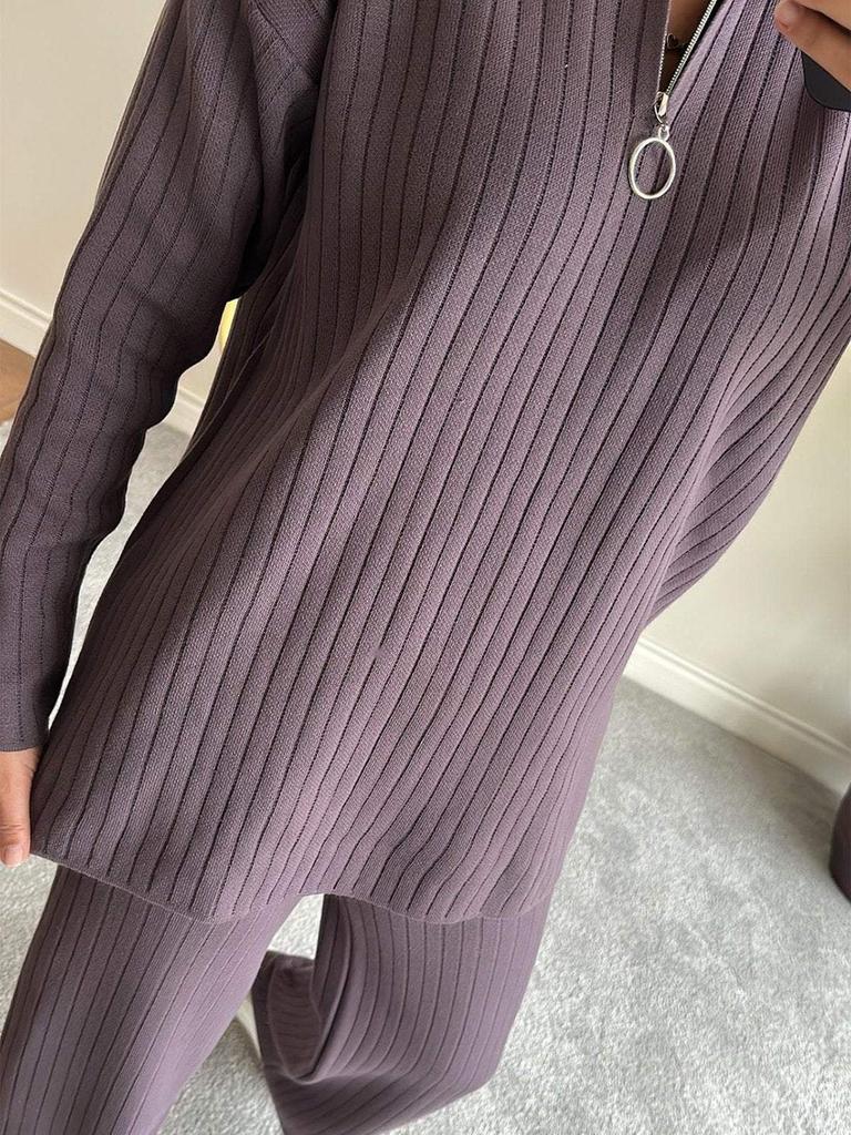 Autumn New Women's Solid Zipper Knit Set High Neck Lounge Pajamas Two Piece Outfit