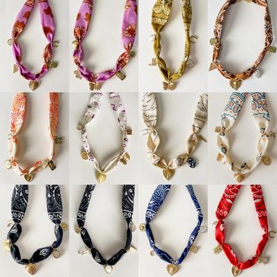 Bohemian Printed Silk Scarf Necklace Retro Metal Love Shell Pendant Cloth Strip Splicing Trendy Jewelry