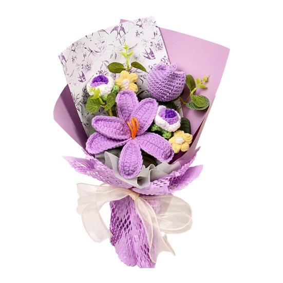 Gehaakte Kunstbloemen Handgemaakt Boeket Gehaakte Bloemen met Realistische Groene Nepbladeren Romantisch Valentijnsdagcadeau voor Haar