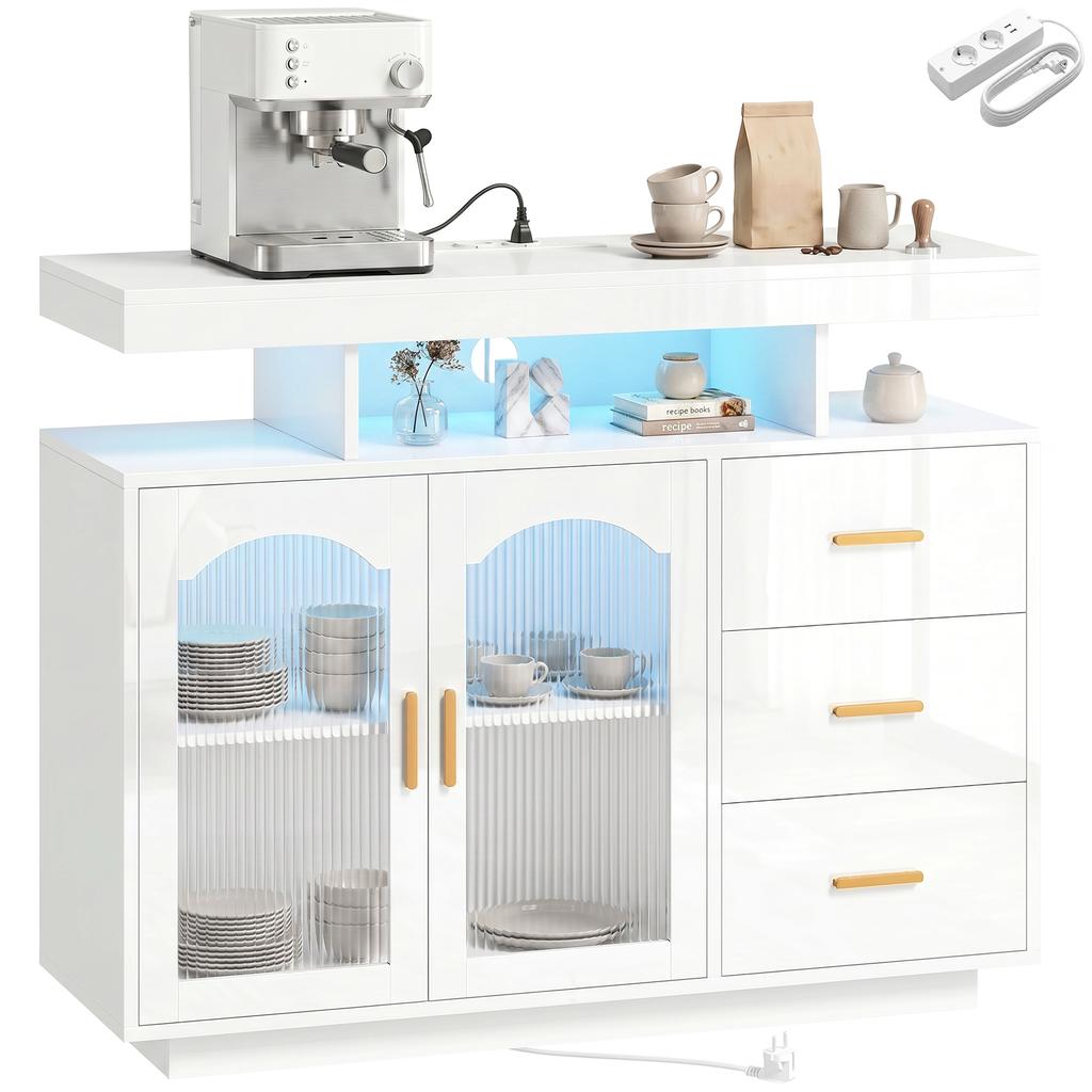 Sideboard with LED Lighting, Built-In Power Outlets, 3 Drawers, Shelves and 2 Acrylic Doors, Glossy White