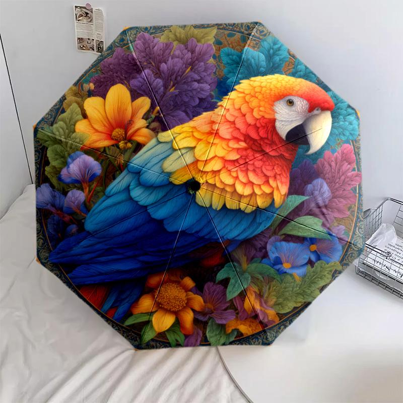 Flower Bird  Pattern, Automatic Folding Umbrella, Portable and Foldable Design, 8 Ribs, a Christmas or Birthday Gift.