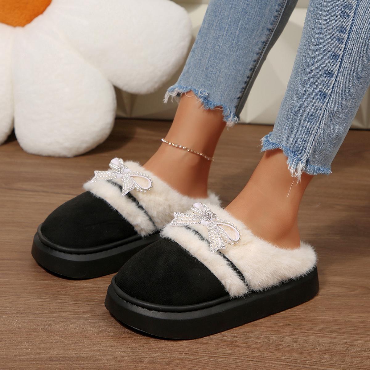 

Fashion Elegant Glitter Bowknot Furry Mules Slippers Women 2025 Winter Soft Thick Bottom Indoor Slippers Fashion Faux Fur Slippers 40-41 чёрный