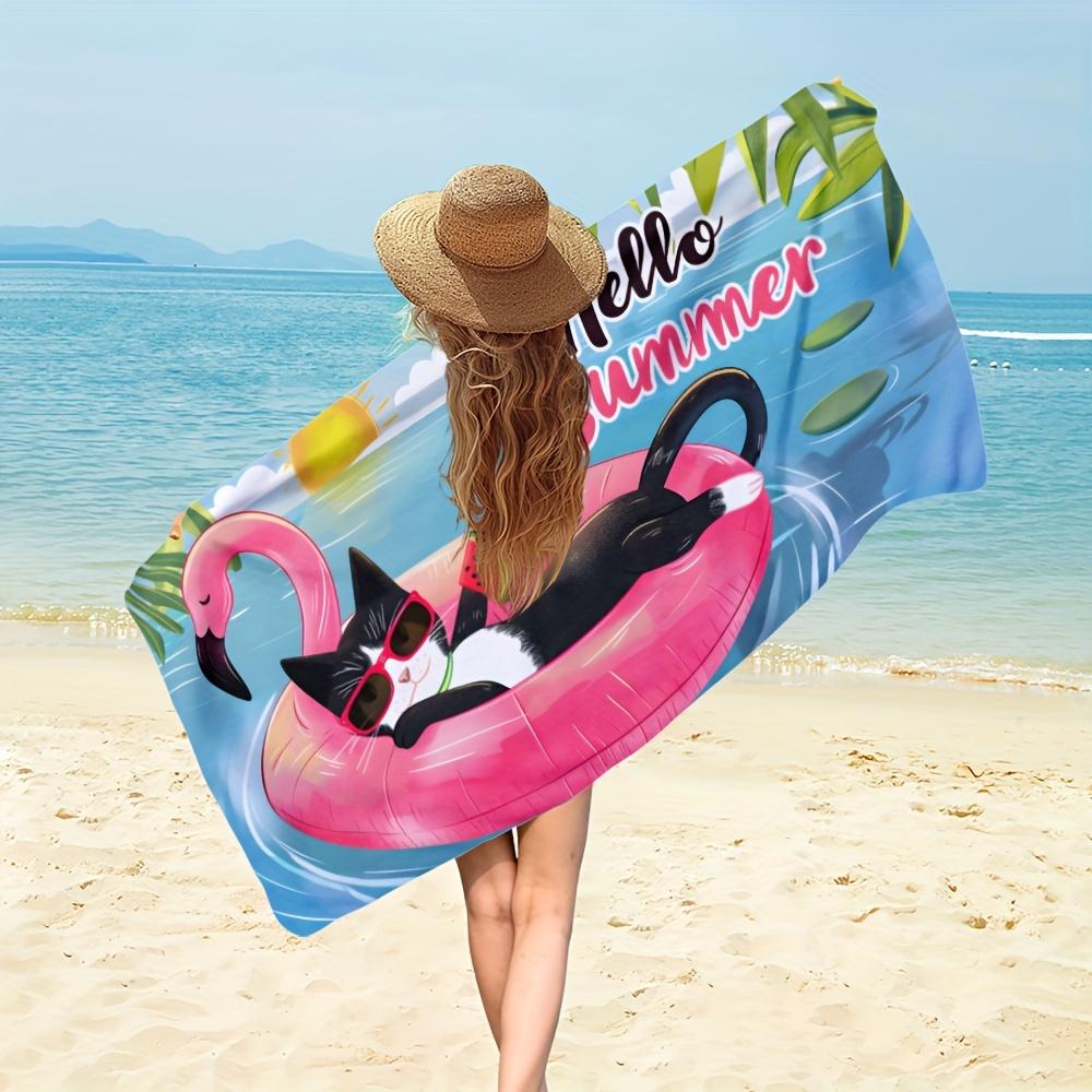 Hello Summer Flamingo Black Cat Beach Towel, Funny Hawaiian Pink Flamingo Quick Dry