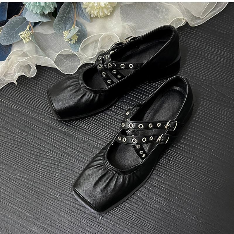 Fashion Fashion Square Toe Rivet Cross Strap Mary Janes Women Pumps Spring Autumn Leather 4.5cm Thick Heeled Punk Loafers Girls Shoes