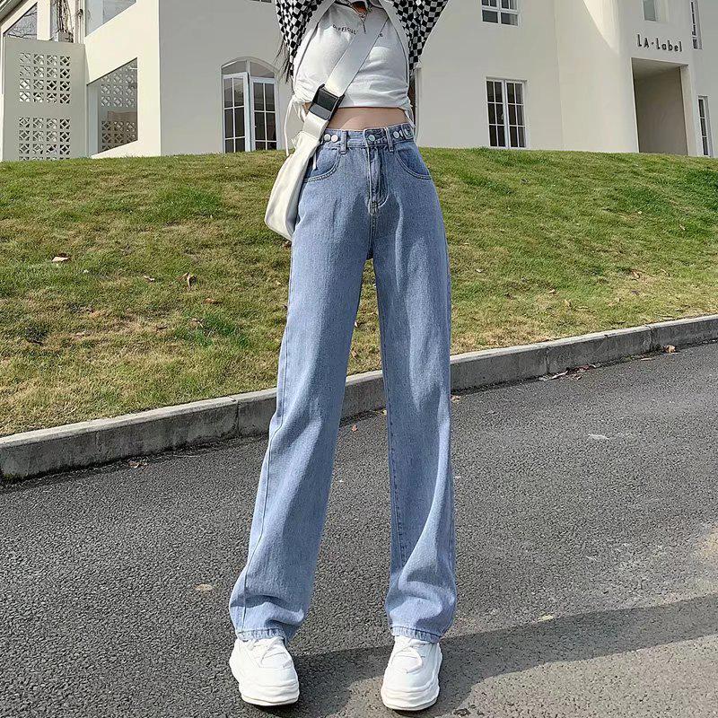 Women's High-Waist Adjustable Jeans - Korean Style Loose Straight-Leg Pants, Slimming Fit, Floor-Length, Small Sizes Available for Spring & Autumn.
