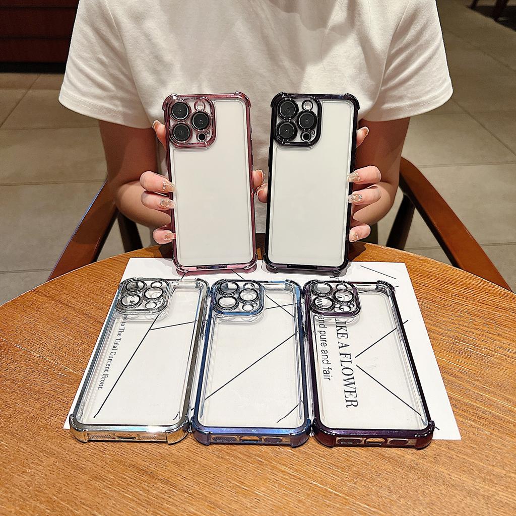 Applicable to iPhone16 electroplated four-corner anti-drop mobile phone case Apple 15promax simple transparent lens film soft cover