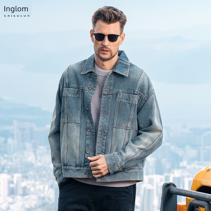 Yingjuelun American Retro Workwear Washed Denim Jacket Men's Lapel Silhouette Top Autumn and Winter Jacket