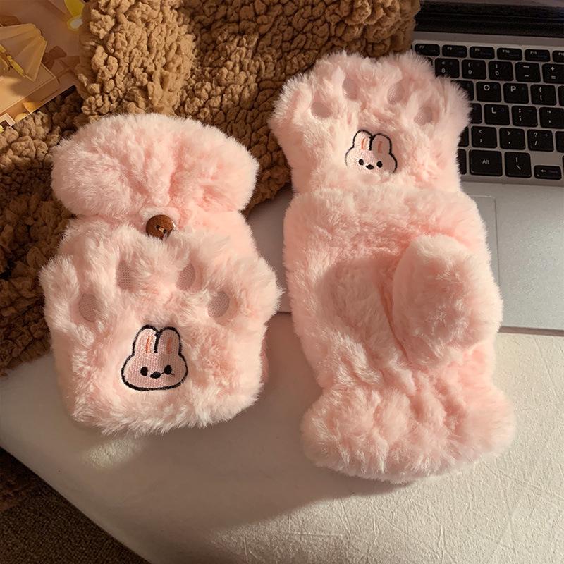 Cute flip bunny plush finger neck gloves female warm and velvet student cold proof
