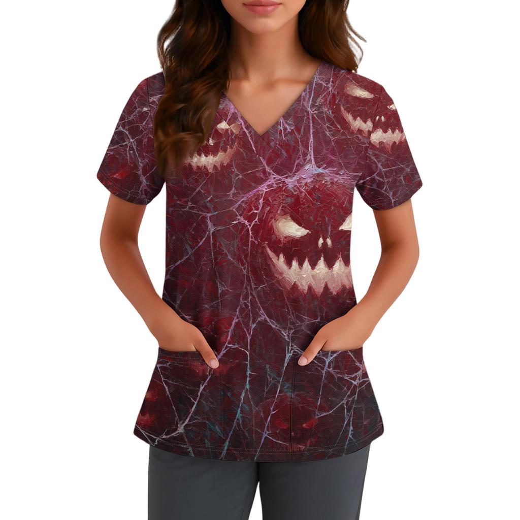 Women V Neck Short Sleeve Halloween Print Top with Pocket Scrub Shirt for Healthcare Professionals Uniform