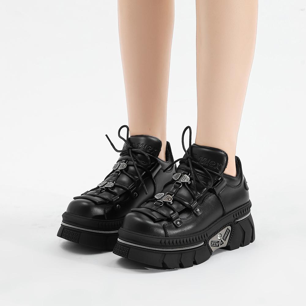 New Punk Style Women Shoes Lace-up Heel Height 6CM Platform Shoes Woman Metal Decor Woman Sneakers Gothic Ankle Rock Boots