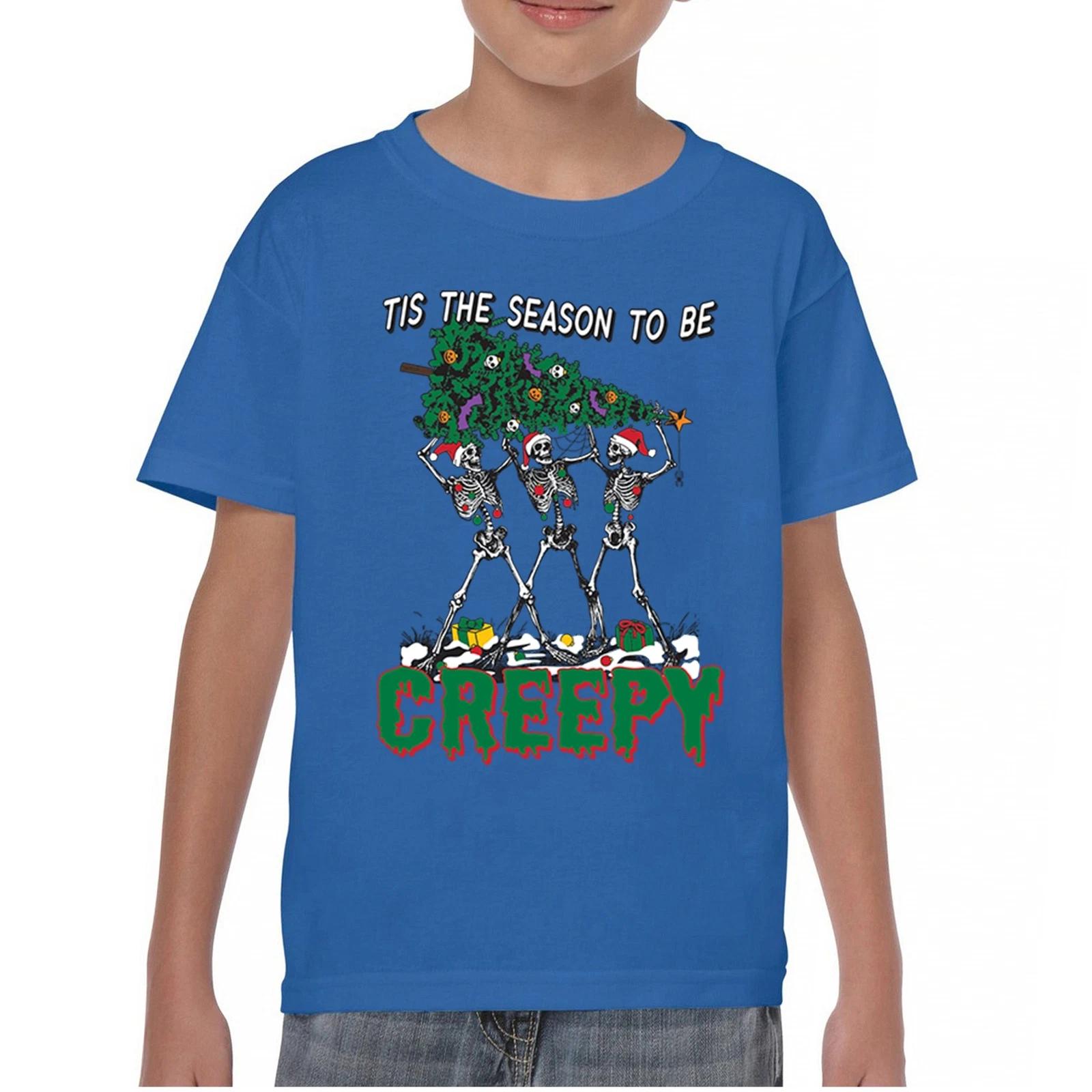 

Tis The Season to Be Creepy Youth kids boys T-Shirt Christmas Skeletons Santa Jolly Kids 130