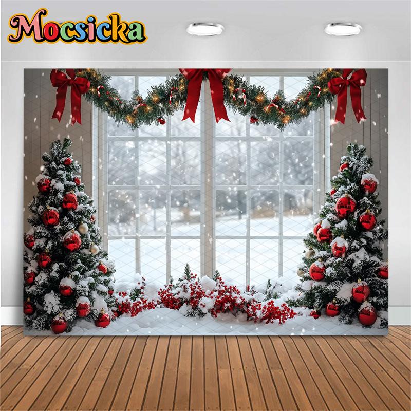 Mocsicka Christmas Photography Background Family Festival Party Backdrops Home Xmas Tree Winter Snow Window Pattern Decor Banner