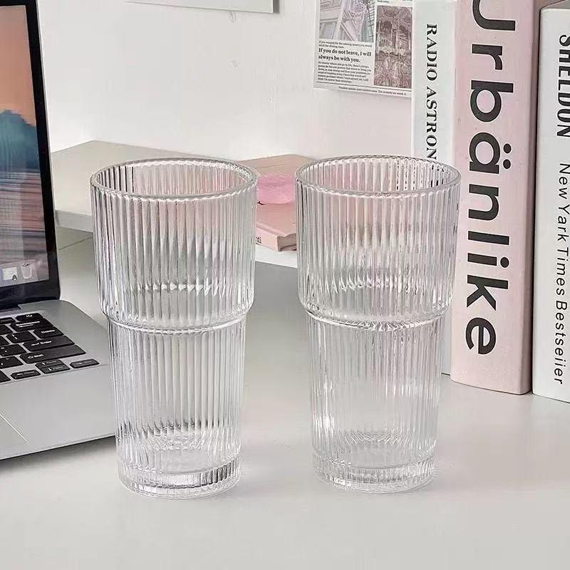 Large Capacity Glass Cup with Lid and Straw - Vertical Stripe Design for Juice, Coffee, or Water