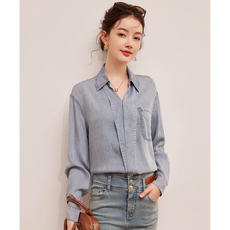 Bauluyu Lyocell Tencel French V-Neck Denim Shirt XL