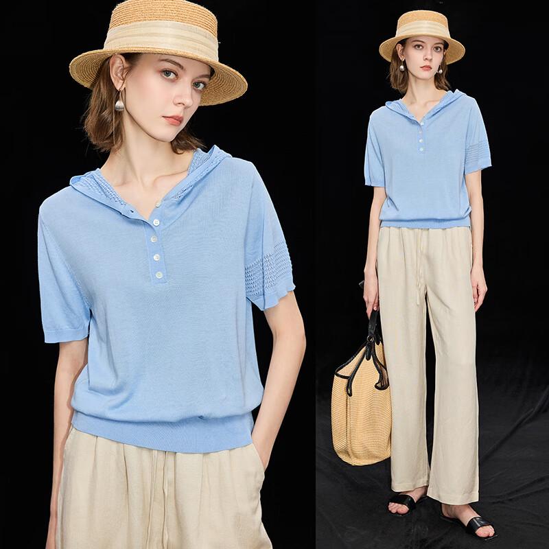 Women s Tencel-Silk Blend Hollow Hooded Knit T-Shirt M синий