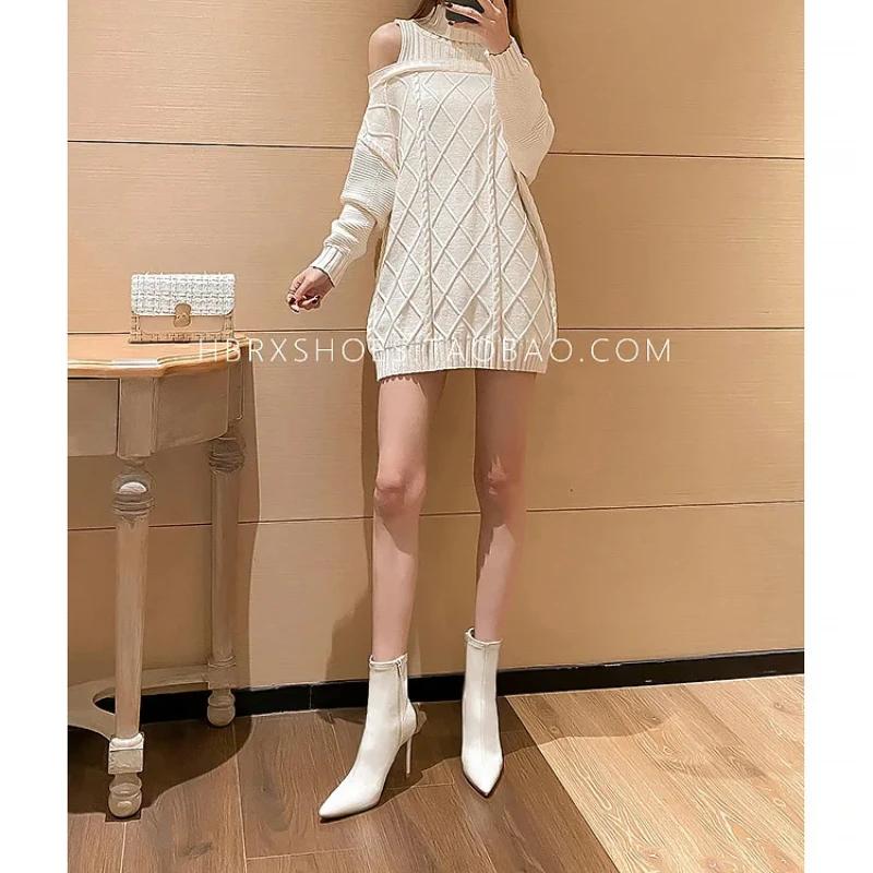 Ghete de gleznă de primăvară pentru femei Albe Tocuri înalte Vârf ascuțit Toc stiletto Fermoar lateral Cizme scurte Modă de agrement Sexy Botas Mujer