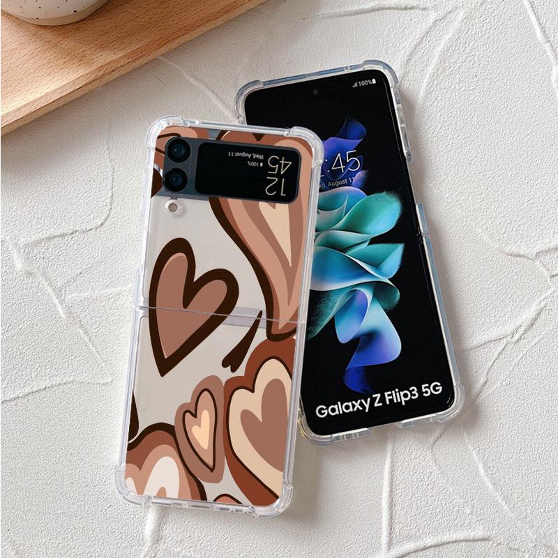 Love Heart Pattern Luxury Case For Samsung Galaxy Z Flip 3 4 5g Funda Z Flip3 Clear Pc Hard Shockproof Back Phone Coque Shell