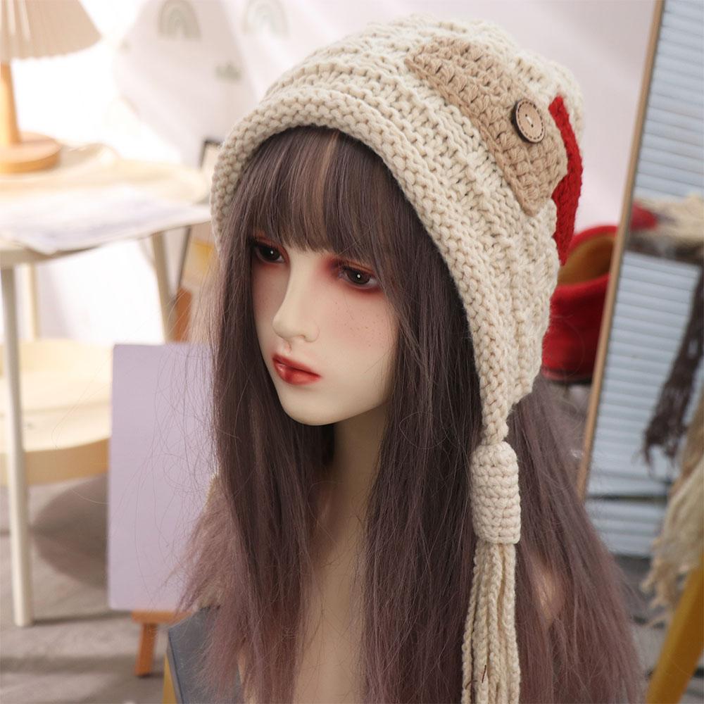 Keep Warm Crochet Lei Feng Hat Button Ear Protection Hat Casual Knitted Hat with Long Tassels  Girl