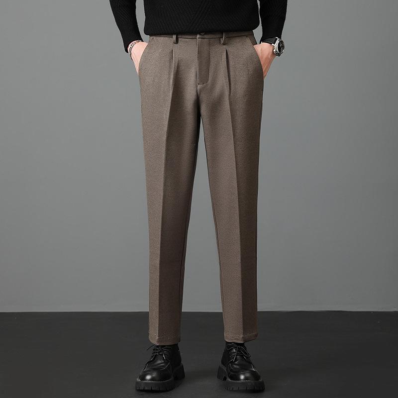 Light luxury winter woolen trousers men's casual pants men's slim straight trousers British elastic casual trousers nine points