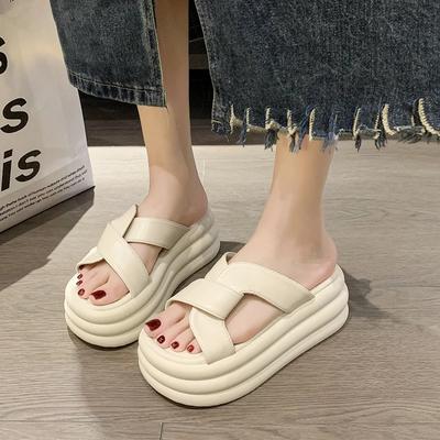 Fashion Summer New 7cm Heightened Muffin Slippers Shoes for Women Sandals Open-toed Thick-soled Cross-strap Beach Flip-flops Women's