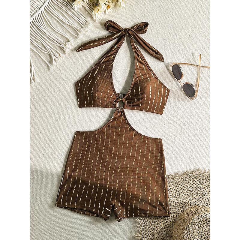 

Сексуальный коричневый блестящий купальник халтер без спины, цельный купальник для женщин, шорты, купальный костюм для плавания, металлическое кольцо M коричневый