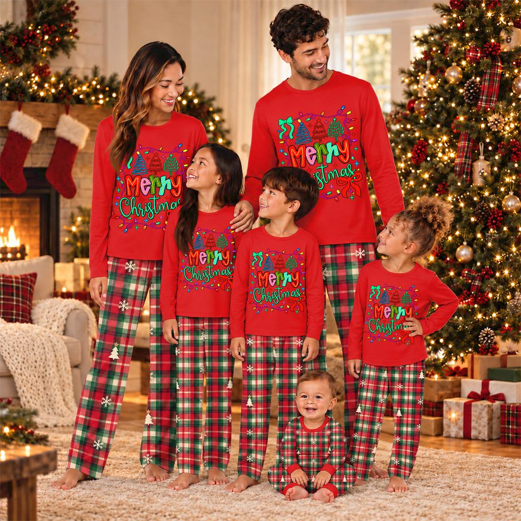 Family Matching Christmas Print Loungewear Set, Round Neck Long Sleeve and Pants Home Wear for Holiday