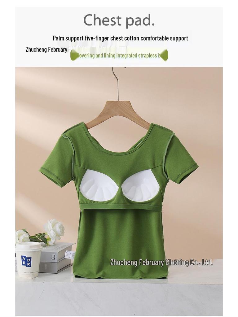 Dámské tričko s krátkým rukávem bez podprsenky - Čistá bavlna, Všitá podprsenka, Krásná záda, Zeštíhlující střih, Letní top