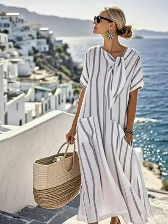 Amazon 2026 Elegant Short Sleeve Bow Pocket Large Loose Long Dress White Gray Striped Navy European and American Style S белый