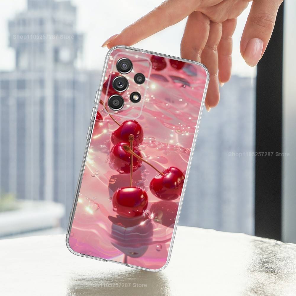 Fruit Tasty Cherry Phone For Samsung A30,71,51,S20,10,9,Ultra,FE,Lite, S21,23,22,PIus,Transparent, Silicone Case