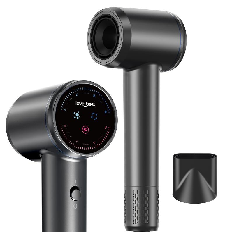 A high-speed negative ion hair dryer featuring an aroma diffuser, magnetic flat nozzle with volumizing head, 1.3-billion-pixel touchscreen control