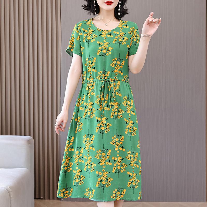 Letnia kobieta elegancka sukienka nowa dorywczo z krótkim rękawem ubrania w stylu koreańskim damska długa sukienka z nadrukiem w stylu vintage