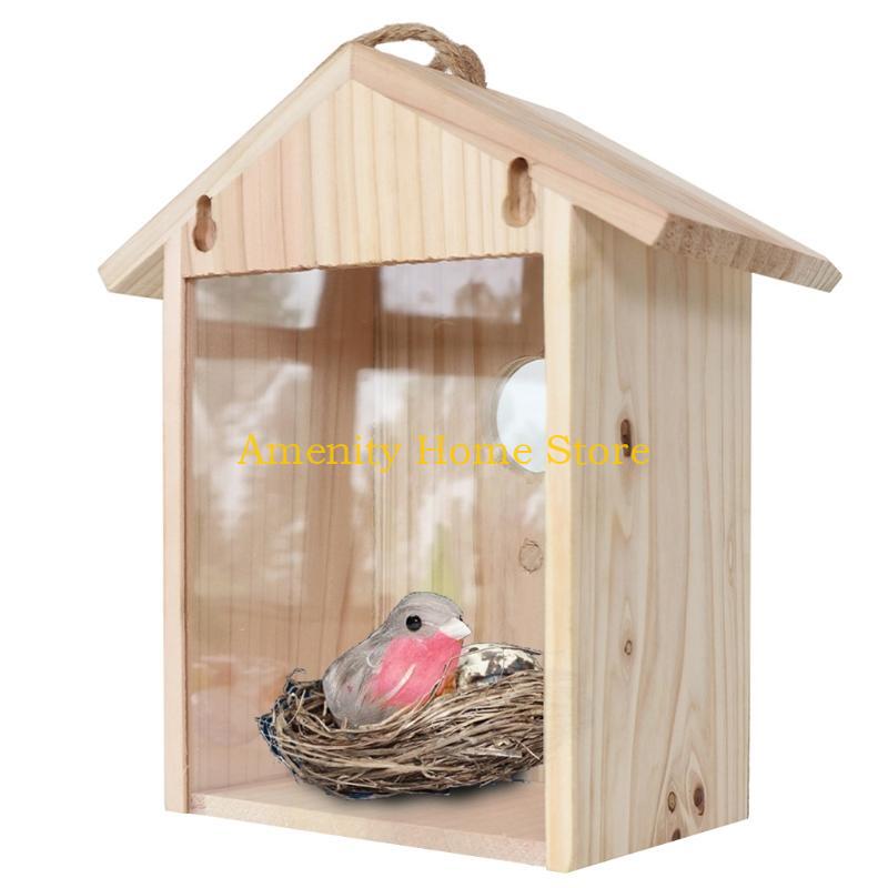 F26C Wooden Bird House for Outside Window Bird Nesting Box See Through Birdhouse