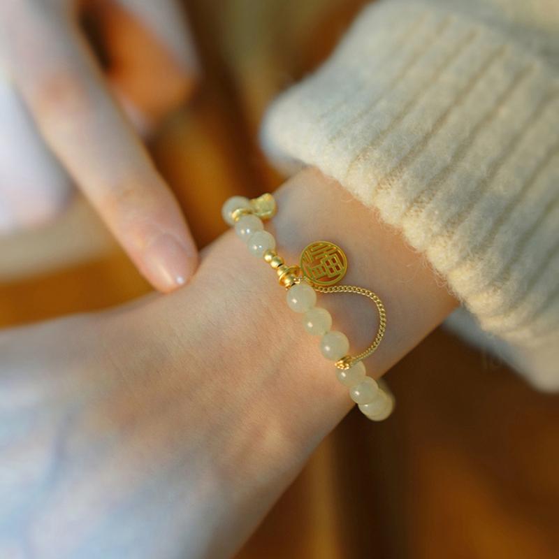 Natural Hotan Jade Bracelet for Women High-level Exquisite Cute Fu Word Tiger Pendant Bangles Party Jewelry for Girlfriend