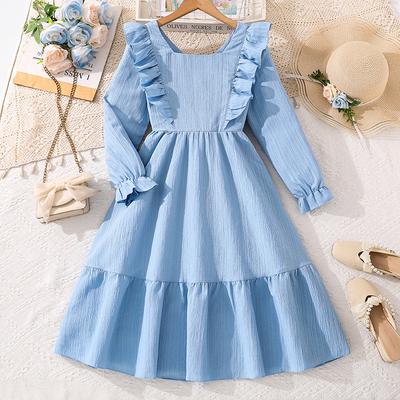 Girl Clothing 2026 Spring Autumn New Fairy Long Sleeve Chic Bow Mid-Length Blue Dress