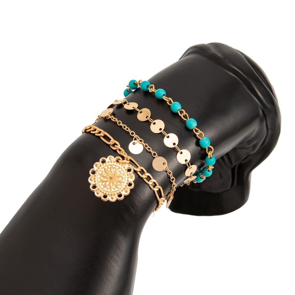 Ethnic Style Turquoise Stone Necklace Golden Multi-layer Necklace Retro Jewelry Set  Women