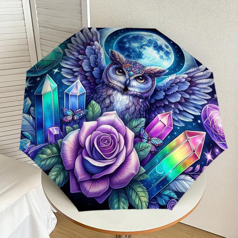 

1pc Enchanted Moonlit Owl with Crystals and Rose Umbrella with Plastic Handle,Suitable for All Seasons Home Travel Outdoor UmbrellaDD1717