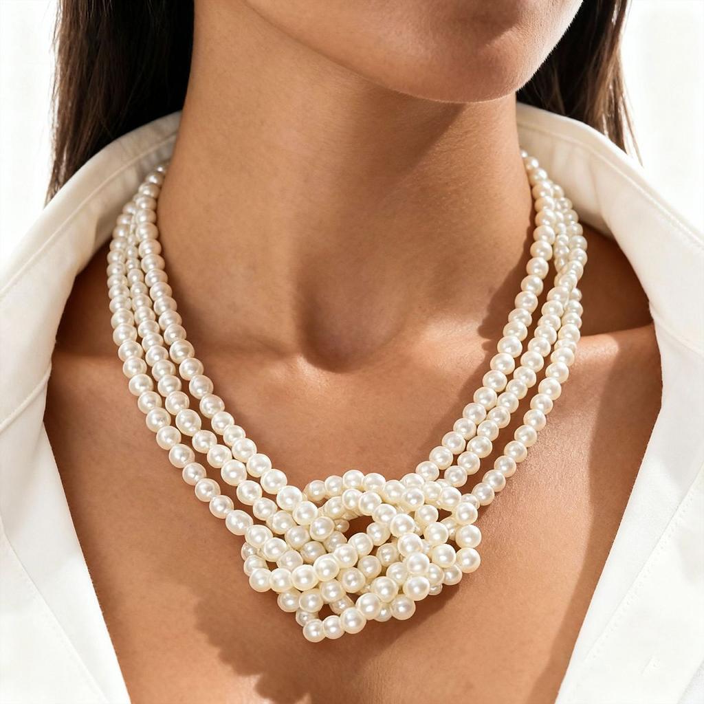 Imitation pearl beaded three-layer knotted sweater chain elegant temperament niche fashion necklace